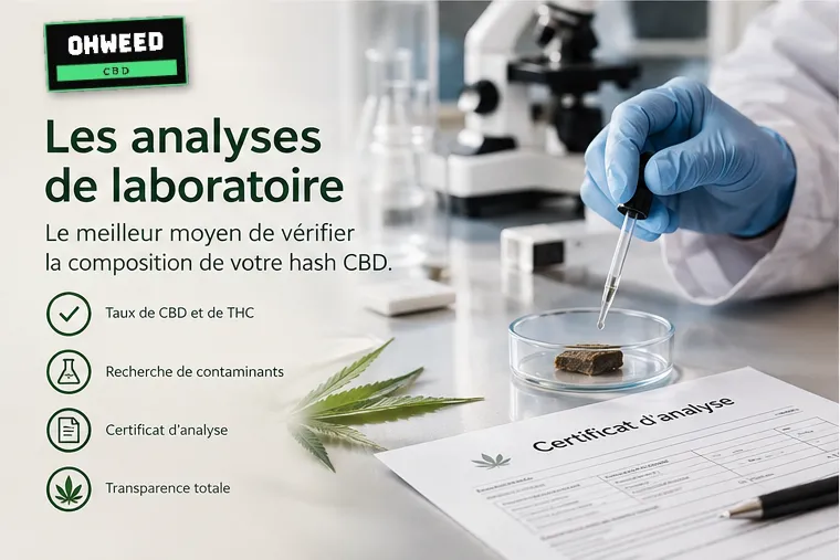 Analyse de laboratoire d'un hash CBD : taux de CBD et de THC, recherche de contaminants, certificat d'analyse