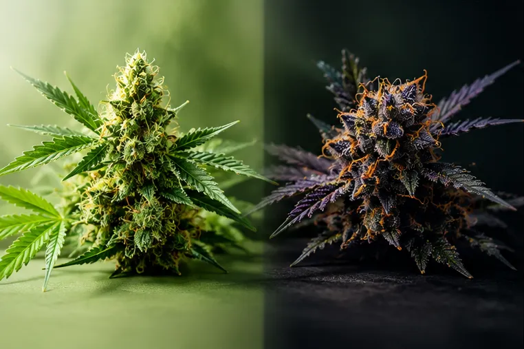 Deux fleurs de chanvre aux couleurs différentes, l'une verte et l'autre violette