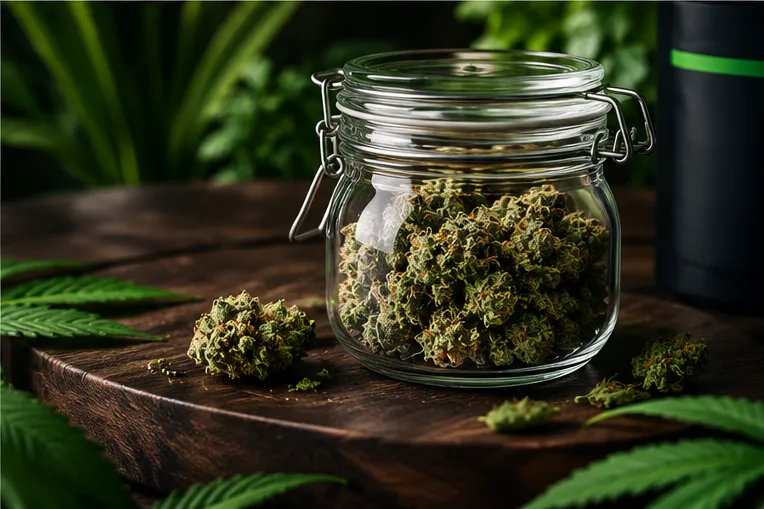Bocal en verre hermétique rempli de fleurs de CBD posé sur une table en bois
