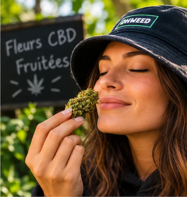 Une femme respire une fleur de CBD fruitée devant une ardoise « Fleurs CBD fruitées »
