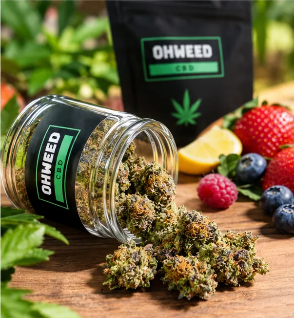 Pot et sachet de fleurs CBD Ohweed posés sur une table en bois avec des fruits