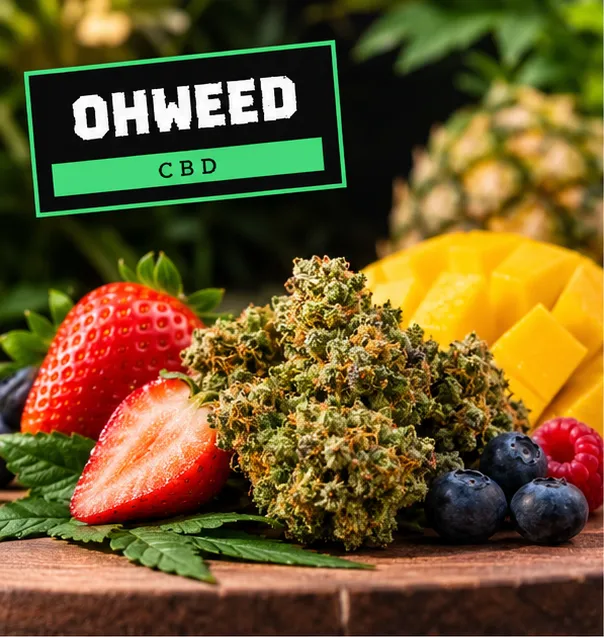 Fleur de CBD fruitée entourée de fraises, de mangue, de myrtilles et d'ananas