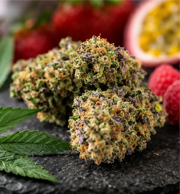 Fleurs de CBD fruitées avec framboises et fruit de la passion sur une ardoise noire