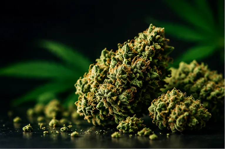 Gros plan sur une tête de fleur CBD riche en trichomes sur fond sombre
