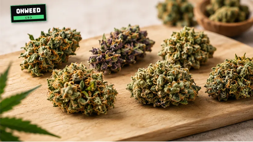 Six fleurs de CBD de variétés différentes posées sur une planche en bois