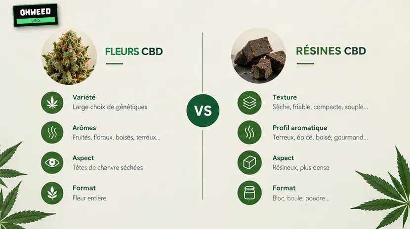 Infographie comparant fleurs CBD et résines CBD : variété, arômes, aspect et format