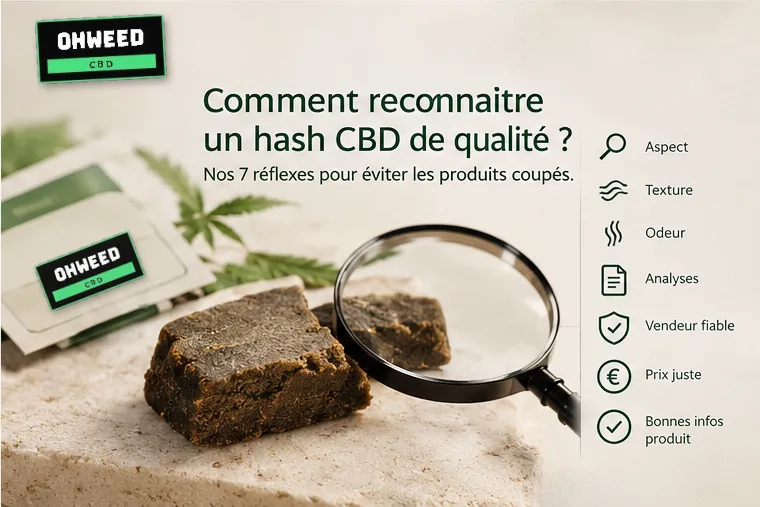 Comment reconnaître un hash CBD de qualité : aspect, texture, odeur, analyses, vendeur fiable, prix juste et informations produit