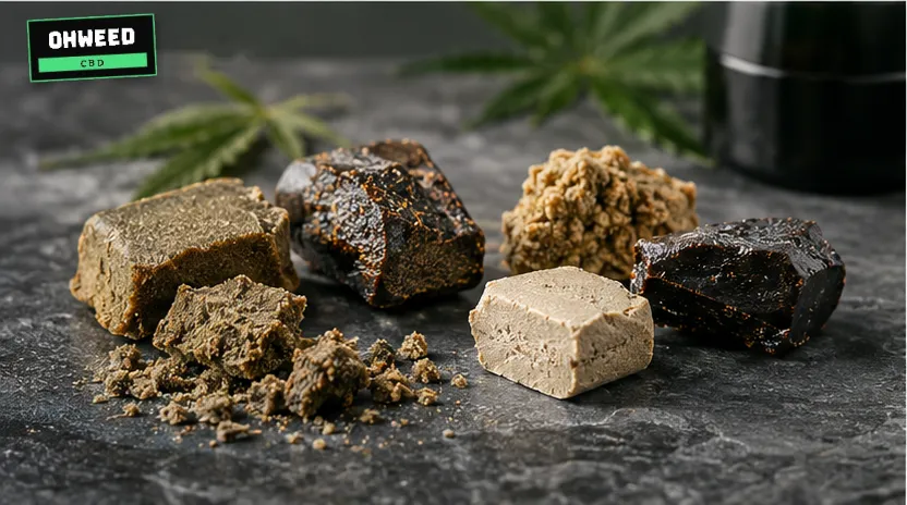 Différentes résines de CBD : blocs secs, friables, souples et poudreux