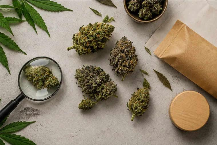 Fleurs CBD, loupe et sachet kraft posés sur une surface claire