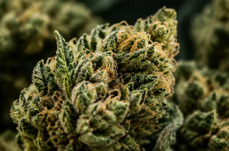 Gros plan sur une tête de fleur CBD couverte de trichomes