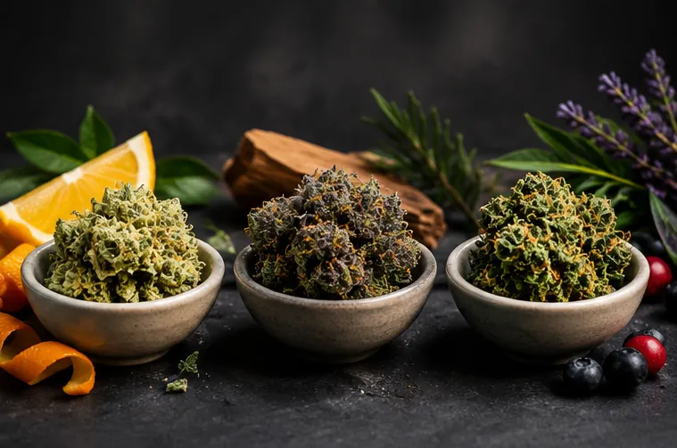 Trois fleurs CBD dans des coupelles, entourées d'orange, de bois, de lavande et de fruits rouges